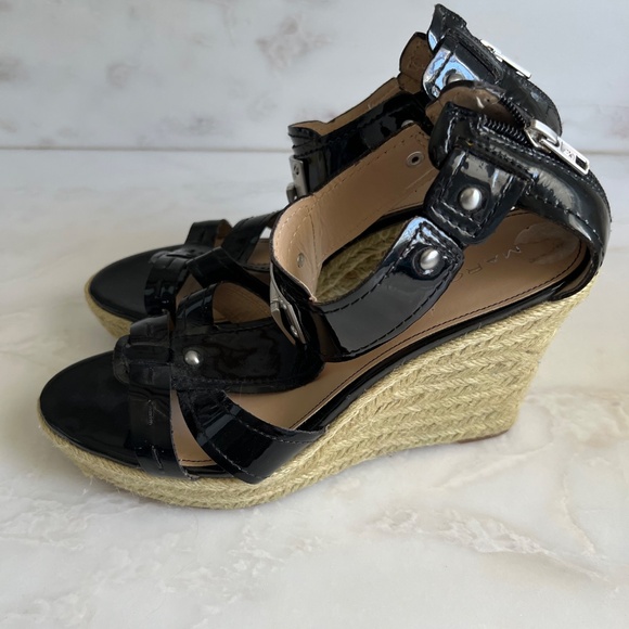 Marc Fisher High Wedge Black Patent Sandal with Metal Hardware - Picture 3 of 4